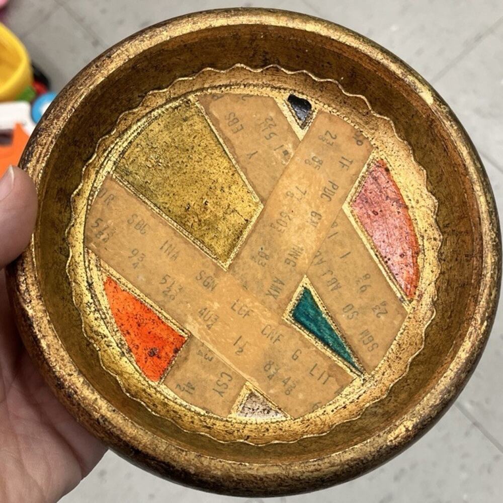 Vintage Florentine Platter Bowl, Gold Handpainted Wood, 1960s MCM